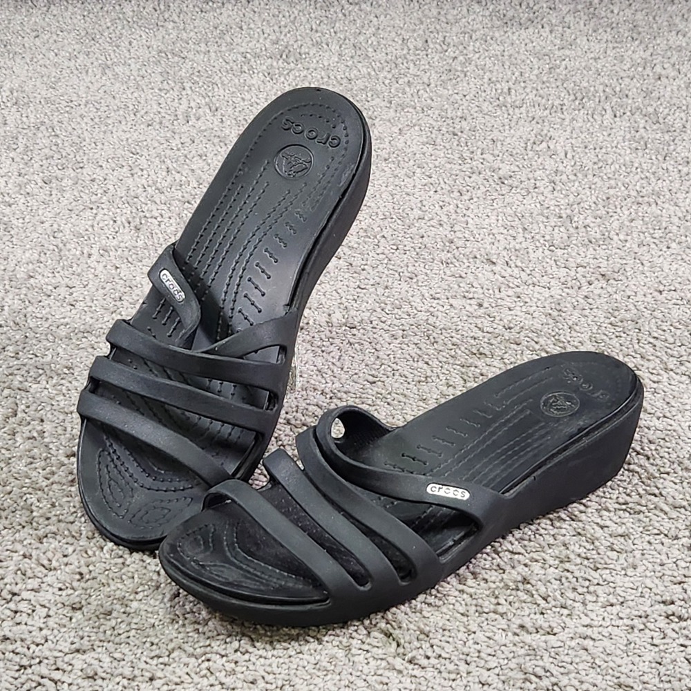 Crocs Rhonda Wedge Sandals Womens Sz 10 Blue Slip On‎ Strappy Comfy Comfortwear
